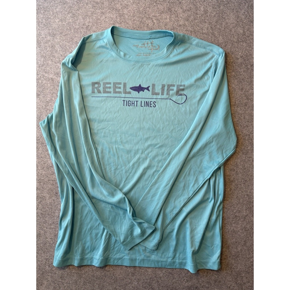 Reel Life Mens Large Long Sleeve Fishing Shirt Tight Lines Teal Performance L